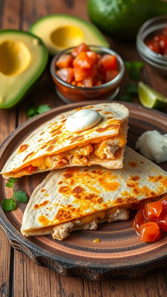 Cheesy chicken quesadilla cut into wedges on a wooden plate with salsa and sour cream.